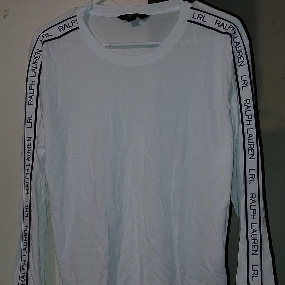 Ralph Lauren White Long Sleeve Crew with Logo Sleeve Tape